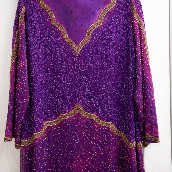 VTG Beaded Purple 100% Silk Plus Size Flapper Dress French Long Sleeve Floor - Picture 2 of 8